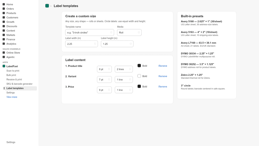 Label size presets and a round 3-inch label sample