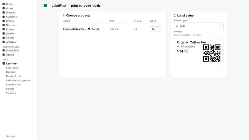 Label setup with a live QR-code label preview
