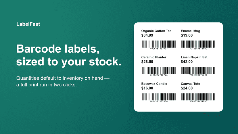 Printed barcode labels with product names, prices, and barcodes