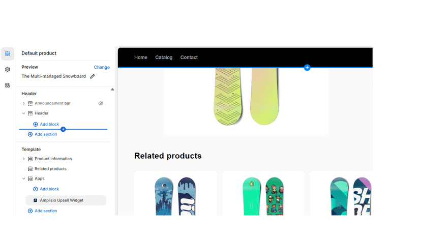 Theme editor showing Amplisio upsell app block on product page