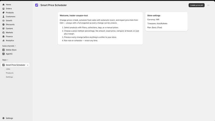 Dashboard showing scheduled and completed price change jobs │