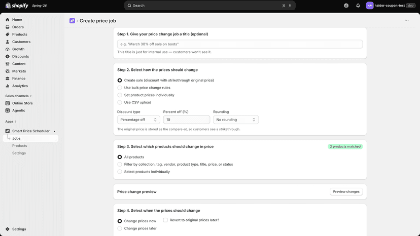 Creating a sale with live preview of old and new prices