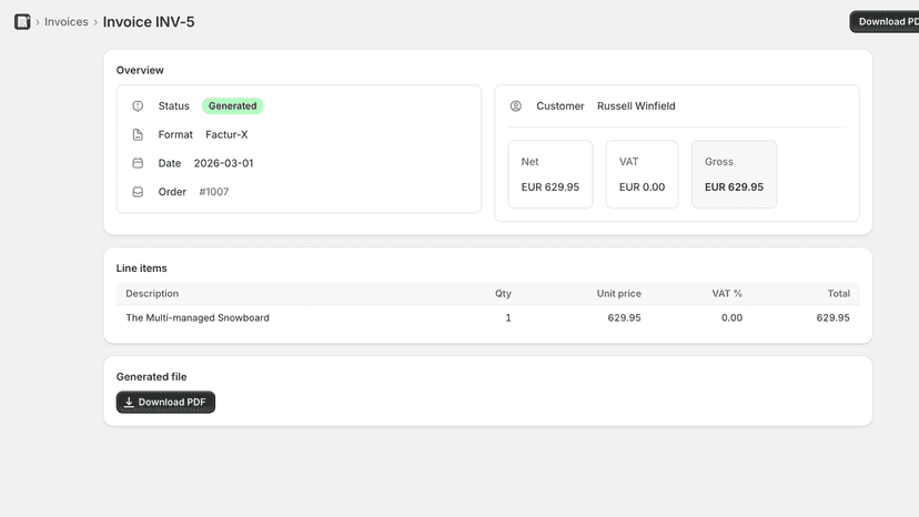 Invoice detail view showing line items and compliance status