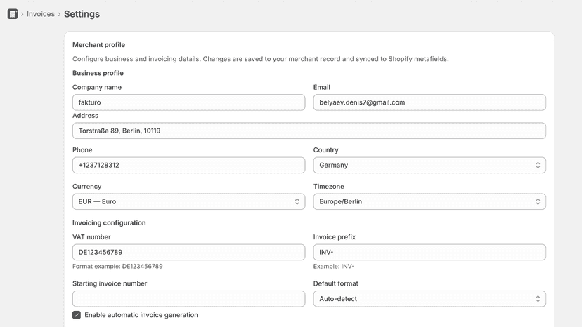 Settings page with company details and invoice configuration