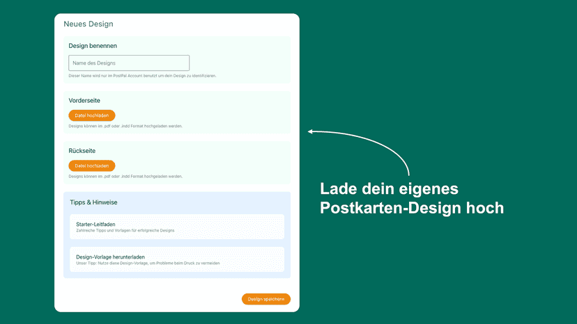 Interface für das Hochladen eines Postkarten-Designs