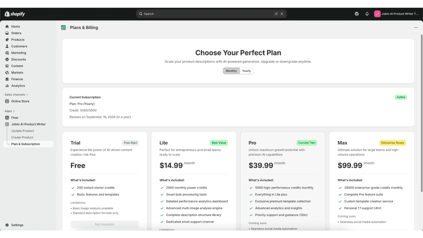 plan & subscription page