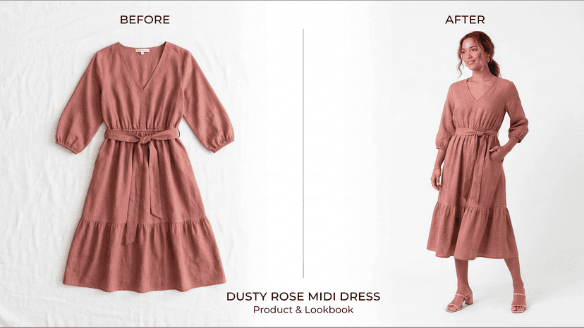 Flat lay to studio shot: dusty rose dress on model in seconds