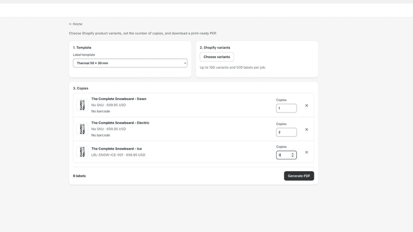 Product variants with exact label copy counts