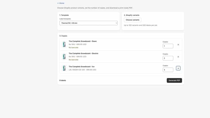 Print job with selected variants and label copy quantities