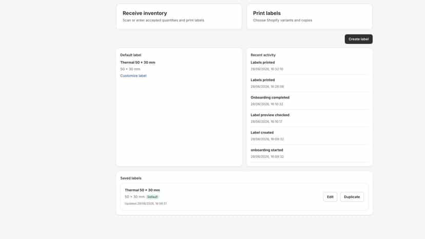 Labelory dashboard with receiving and printing workflows
