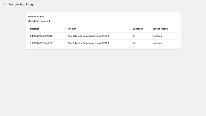 Restore audit log showing completed product restores, snapshot I