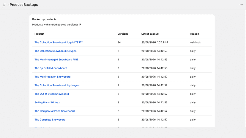 Product backup list showing stored versions, latest backup dates