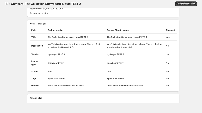 Comparison of a saved product version with current Shopify value