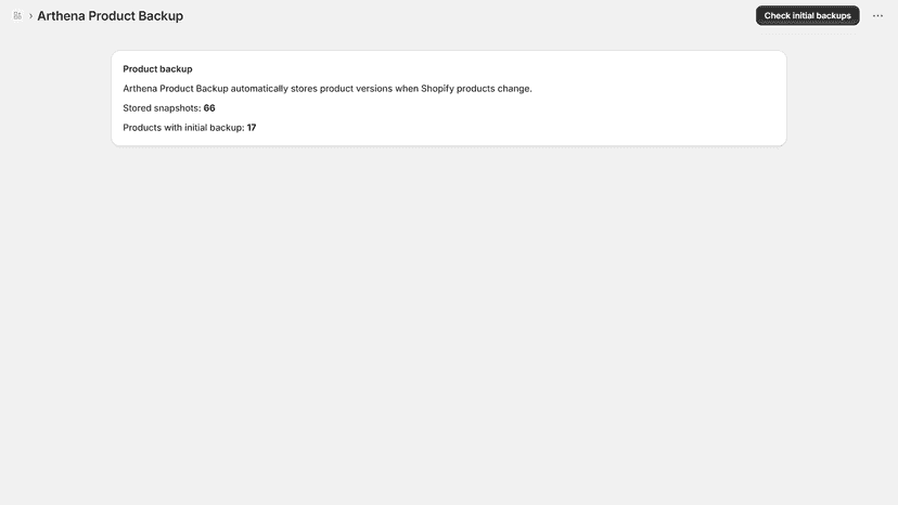 Arthena Product Backup dashboard showing stored product snapshot