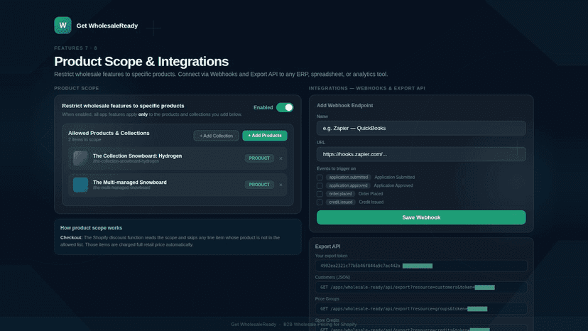 Restrict wholesale to products, with webhooks and export API