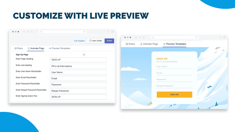 customize templates for login, signup page