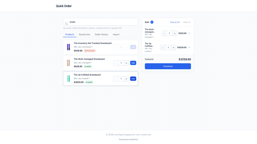 Quick order page with product search and cart sidebar