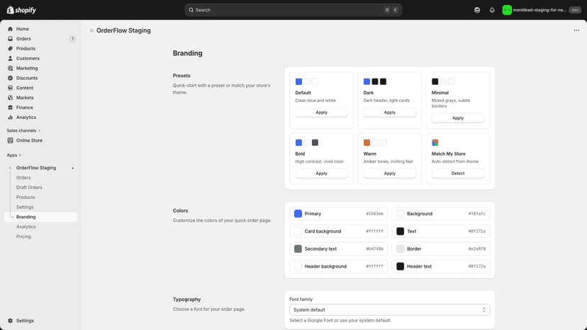 Branding editor with live preview and color controls