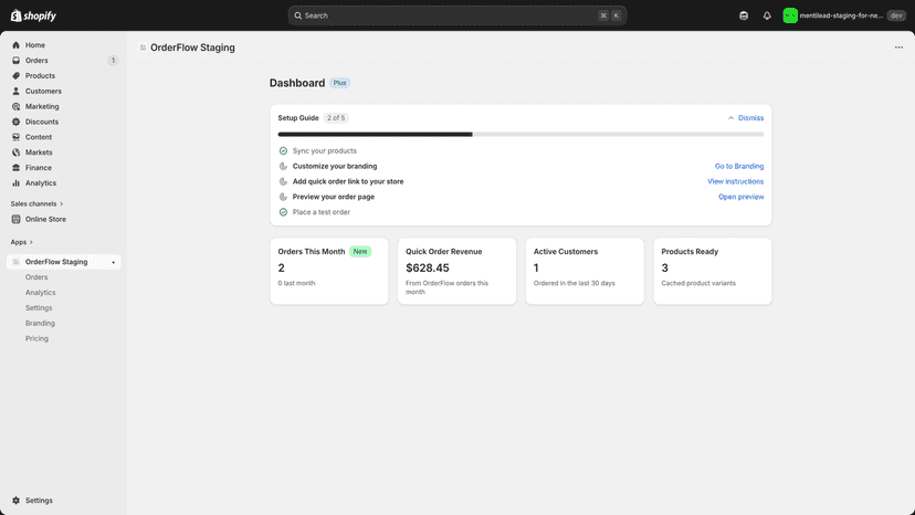 Merchant dashboard with order metrics and setup guide