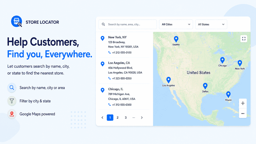 store locator listing, maps view, search filters