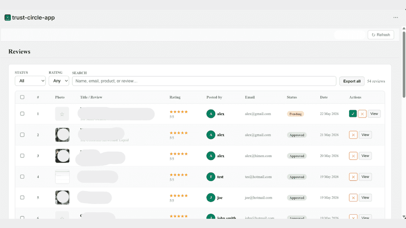 Reviews management table with rating status email and actions