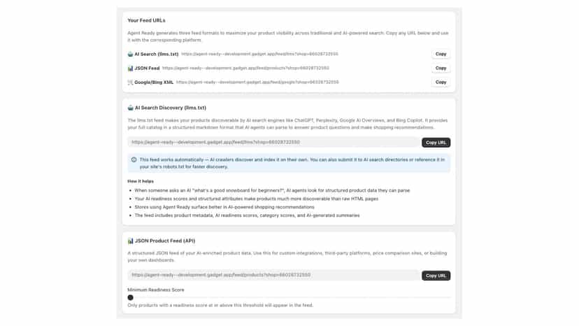 Management page for AI-enriched feeds including JSON, Google XML