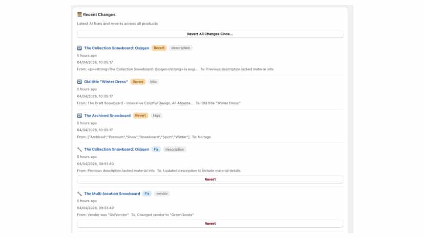 Detailed change history log showing AI-generated content updates