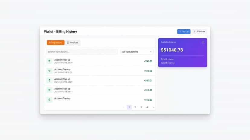 Secure wallet for billing history and balance management.