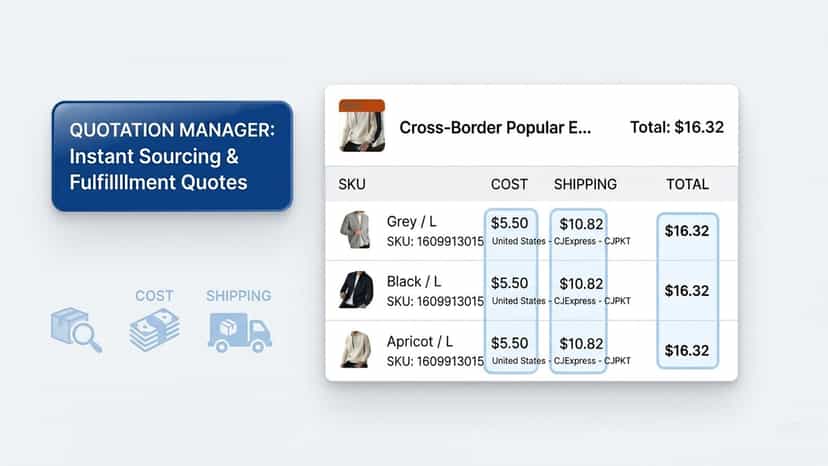 Product sourcing dashboard showing SKU costs and shipping fees.