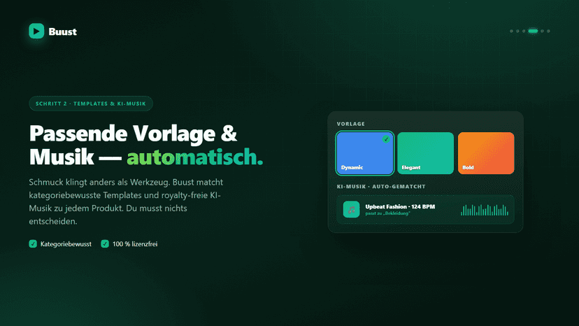 Video-Template und KI-Musik automatisch je Kategorie