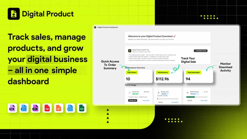 Dashboard shows sales, revenue, and download tracking.