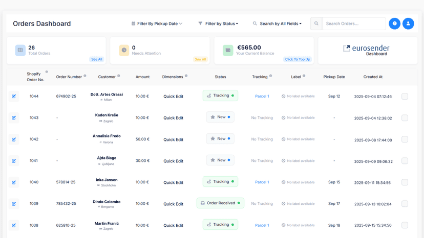 Eurosender dashboard UI with order, pickup, balance stats