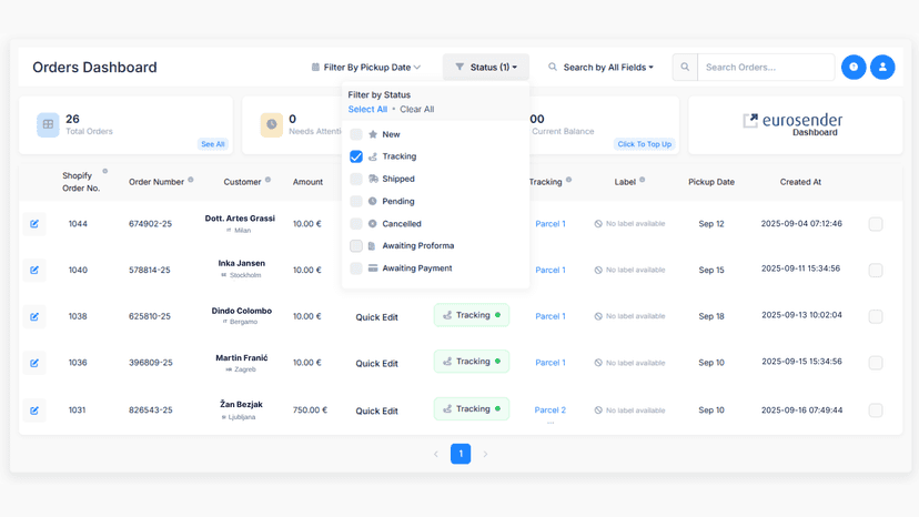Eurosender dashboard UI with filter, status tracking