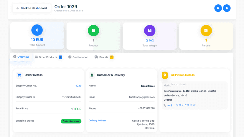 Order screen with product, weight, parcel, tracking