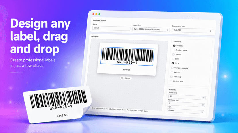 Drag-and-drop label designer with barcode and price fields