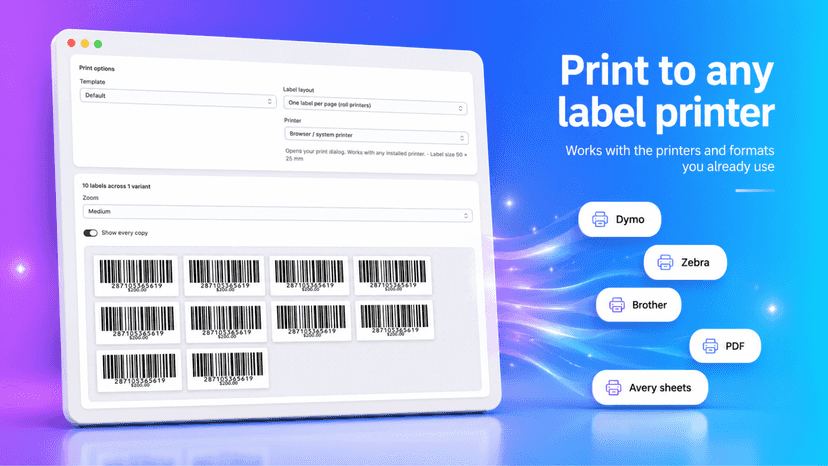 Label preview with Dymo, Zebra, PDF and Avery print options