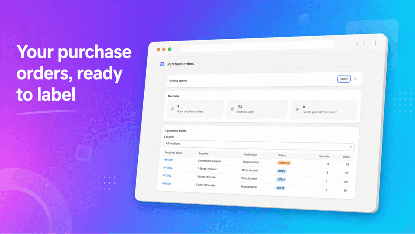 PO Label Printer dashboard with purchase orders and metrics