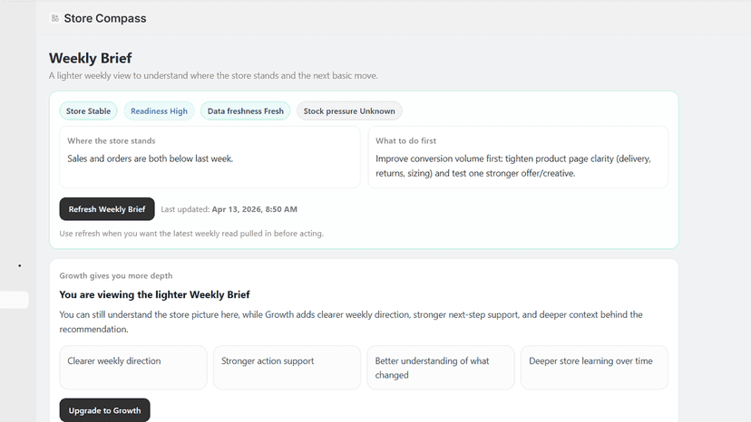 Store Compass Weekly Brief, store status, and next-step guidance