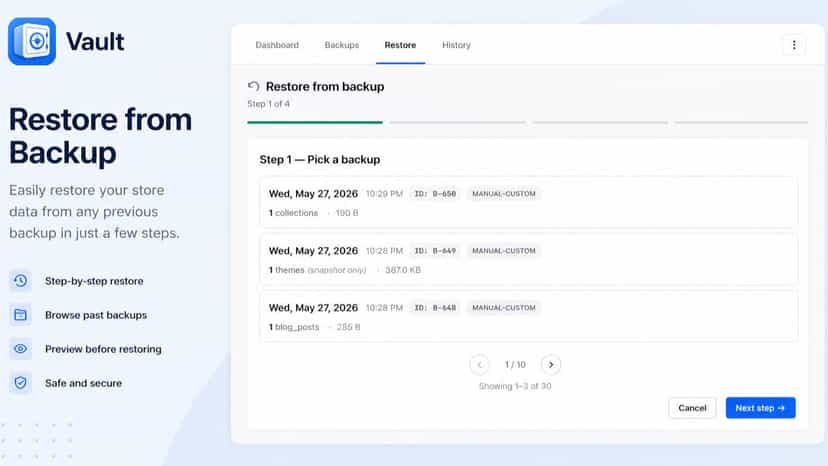 Vault granular restore wizard Step 1 of 4 with selectable backup