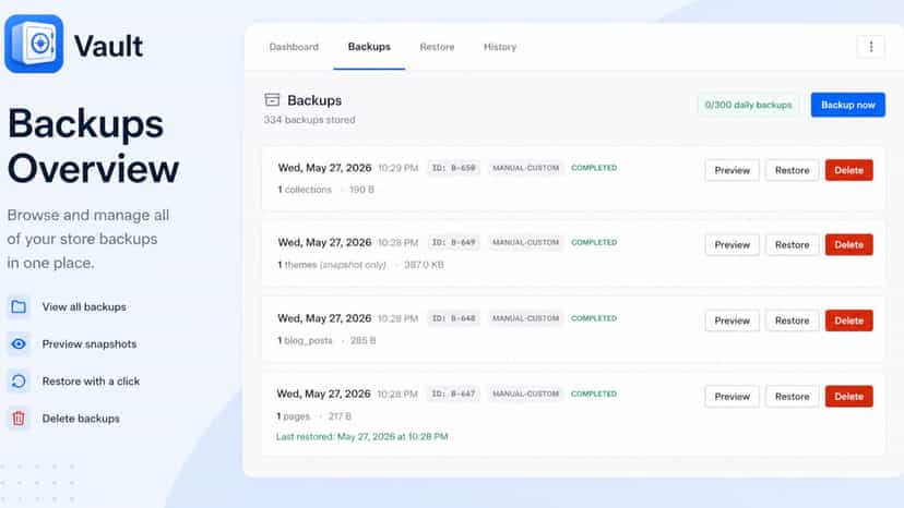 Vault backup overview page to view backups to restore from