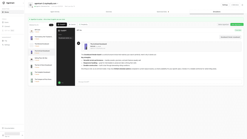 Simulations — Live AI checkout simulation with cart preview