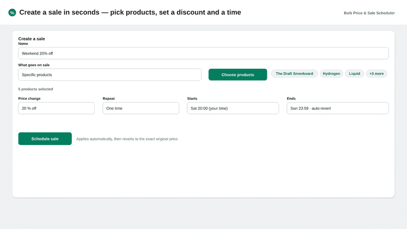 Create a sale: pick products, set a discount and a time