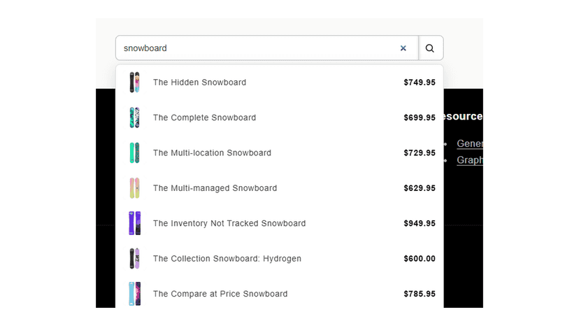 Storefront search dropdown finding products by name with prices