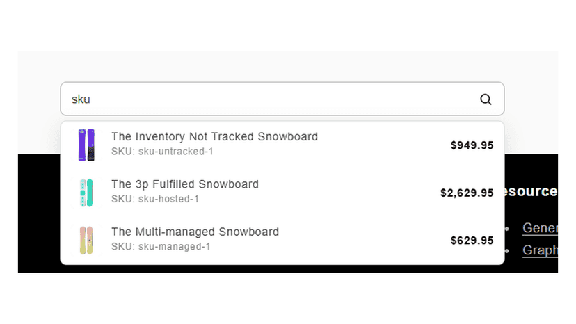 Search dropdown matching products by partial SKU