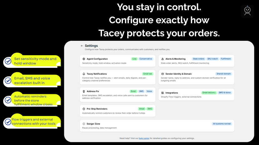 Settings page showing agent configuration sensitivity and more