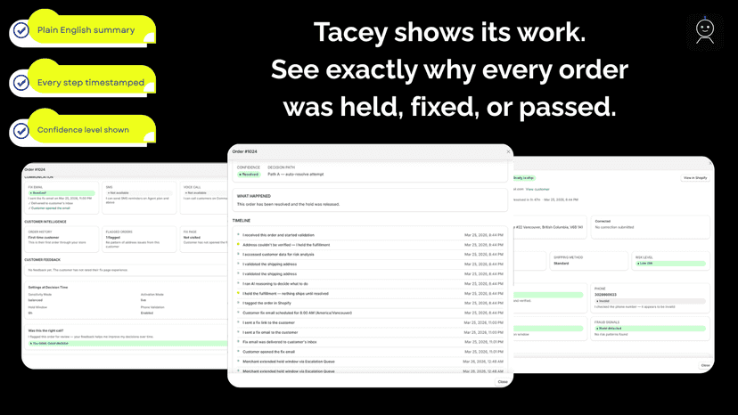 AI order decision log showing full reasoning and confidence