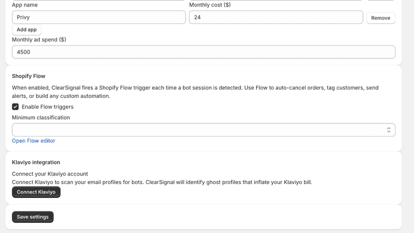 Klaviyo integration and Shopify Flow bot triggers