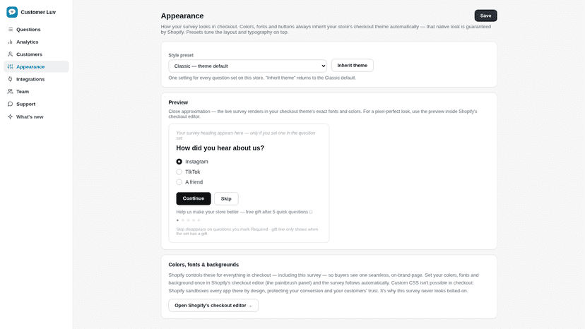 Appearance presets with a live survey preview