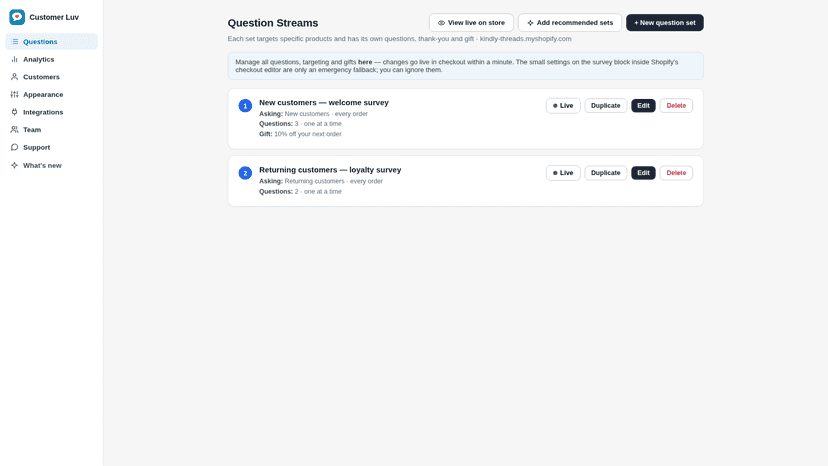 Question sets with targeting, gifts and live status
