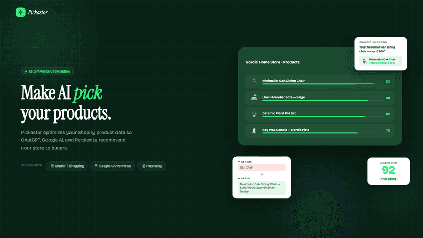 Pickastor dashboard showing AI-optimized products recommended by